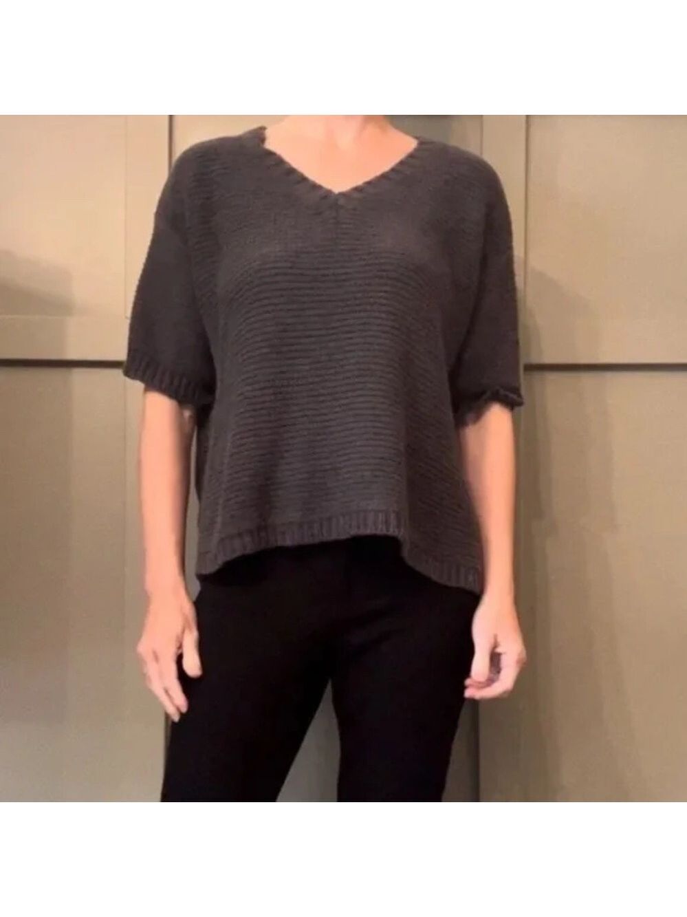 Fat Face V-Neck Short Sleeve Cotton Knit Sweater Dark Blue Gray Size Small